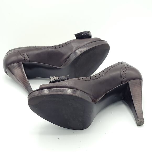 Lauren Ralph Lauren brown peep toe heels leather kitten women's size 8.5 - Picture 5 of 9